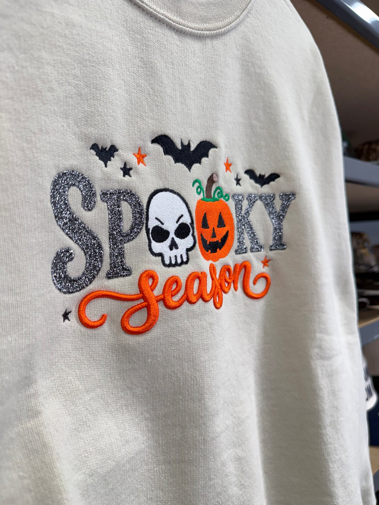 Spooky Season Embroidered Crewneck Sweatshirt Glittered letters and puff sweatshirt Halloween Pumpkin & Skull