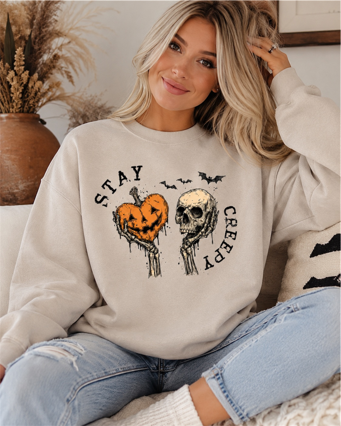 Skeleton Hand Retro Grunge Graphic Sweatshirt with Dripping Heart Design, Cotton Blend Halloween