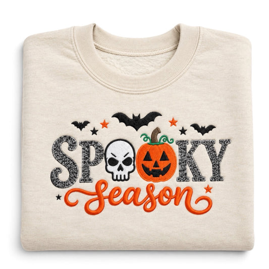 Spooky Season Embroidered Crewneck Sweatshirt Glittered letters and puff sweatshirt Halloween Pumpkin & Skull
