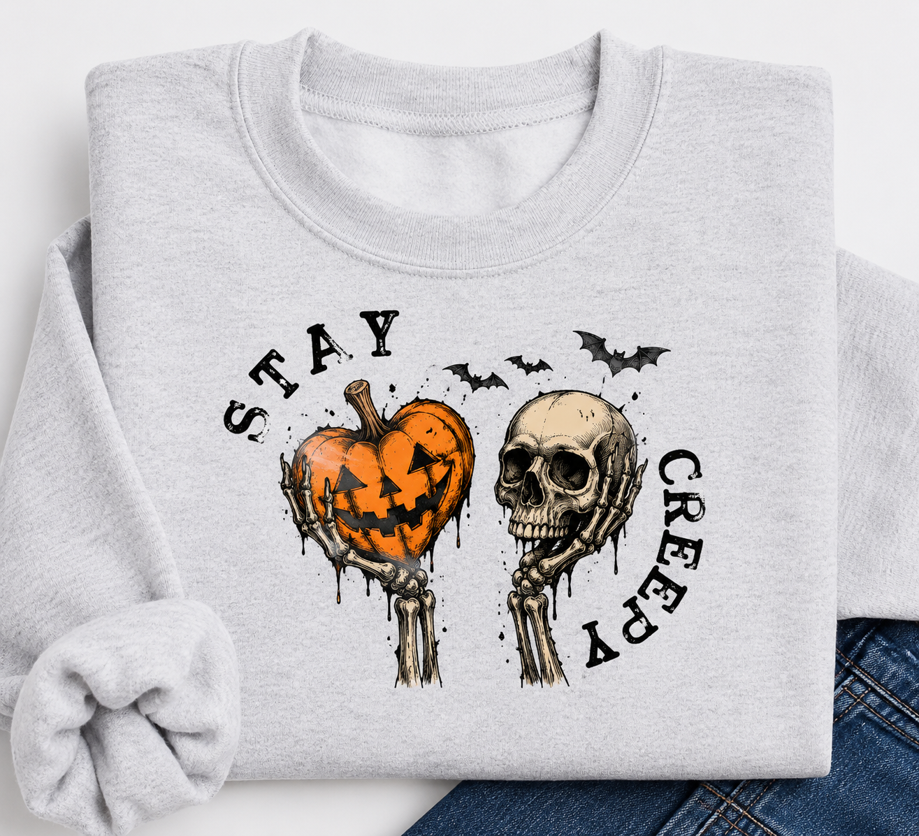 Skeleton Hand Retro Grunge Graphic Sweatshirt with Dripping Heart Design, Cotton Blend Halloween
