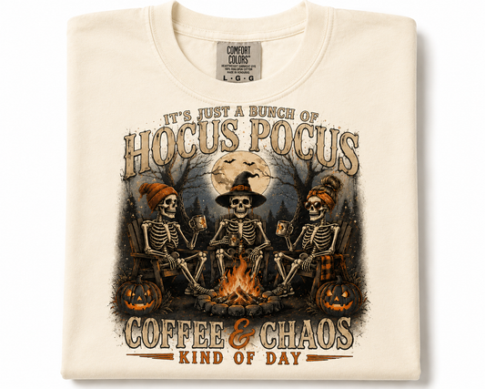 It’s just a bunch of hocus pocus coffee and chaos Halloween comfort colors t-shirt￼