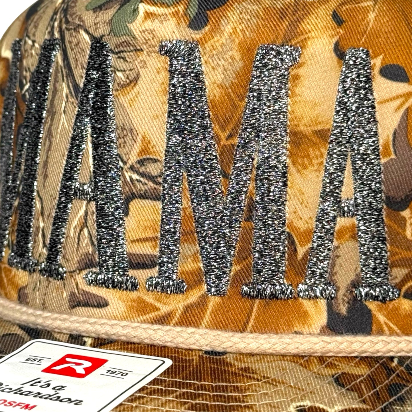 MAMA Glitter Embroidered Camo Richardson Rope Hat Premium Snapback Sparkle Stitch Mom Hat