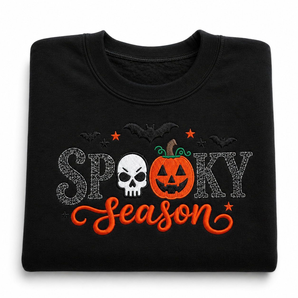 Spooky Season Embroidered Crewneck Sweatshirt Glittered letters and puff sweatshirt Halloween Pumpkin & Skull
