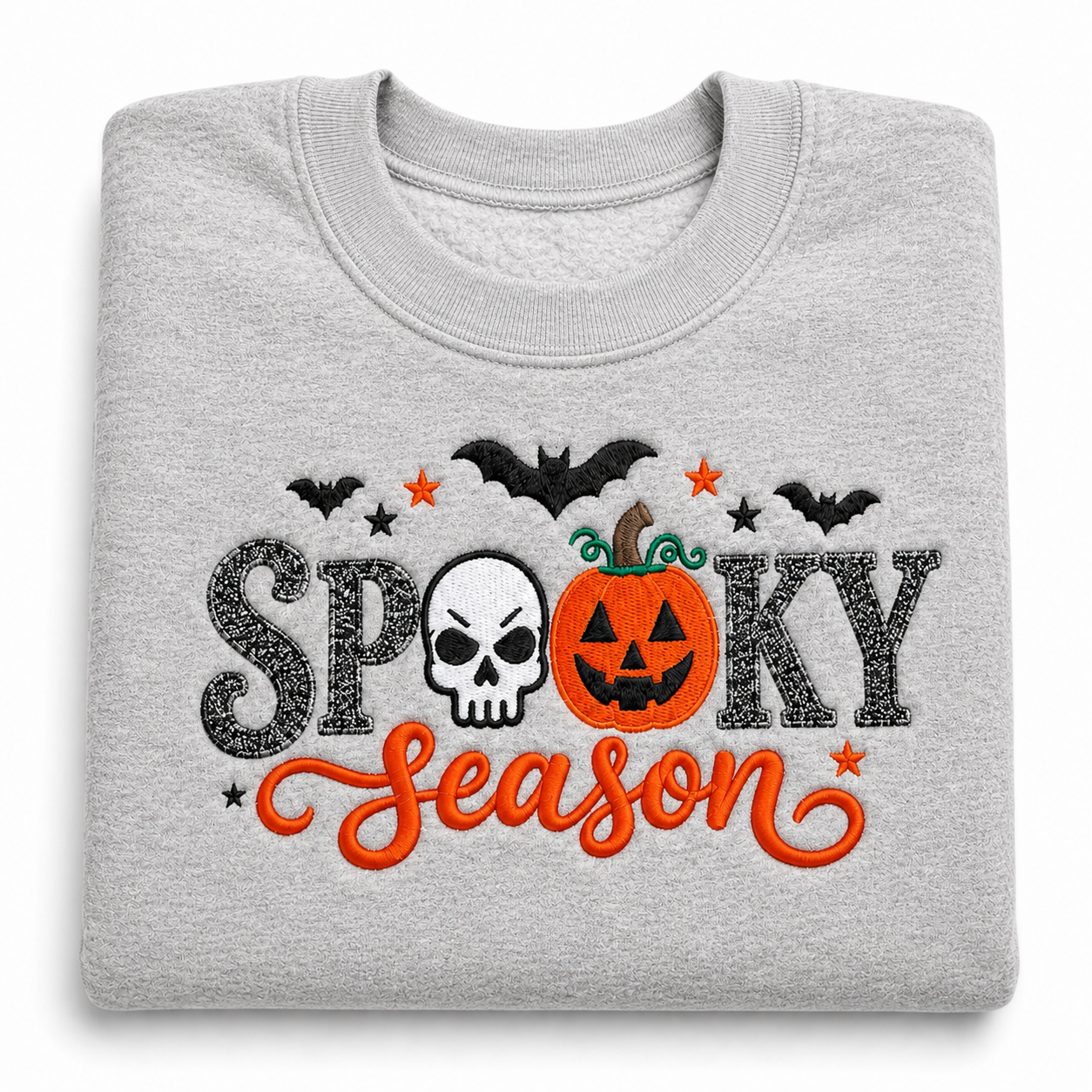 Spooky Season Embroidered Crewneck Sweatshirt Glittered letters and puff sweatshirt Halloween Pumpkin & Skull