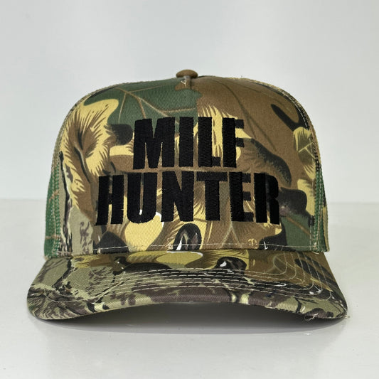MILF hunter embroidered on a camo snapback hat